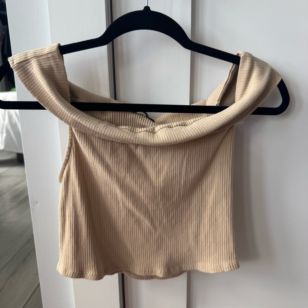 Zara Tan Ribbed Sailor Collar Crop Top